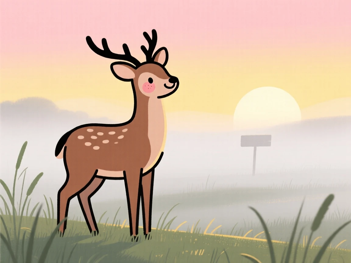 A deer stands at the edge of a misty meadow, grazing peacefully as the rising sun paints the sky in warm colors.
