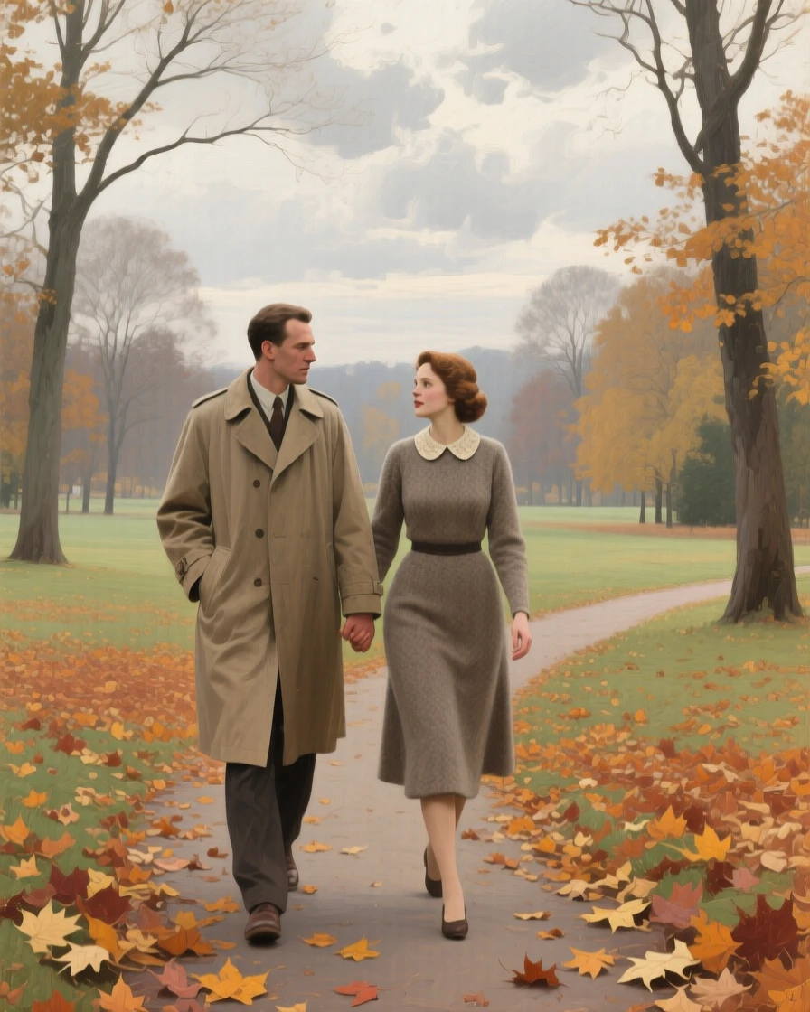 A medium shot of a couple walking hand in hand through a park carpeted with fallen autumn leaves, beneath drifting clouds, in the mid-20th century.