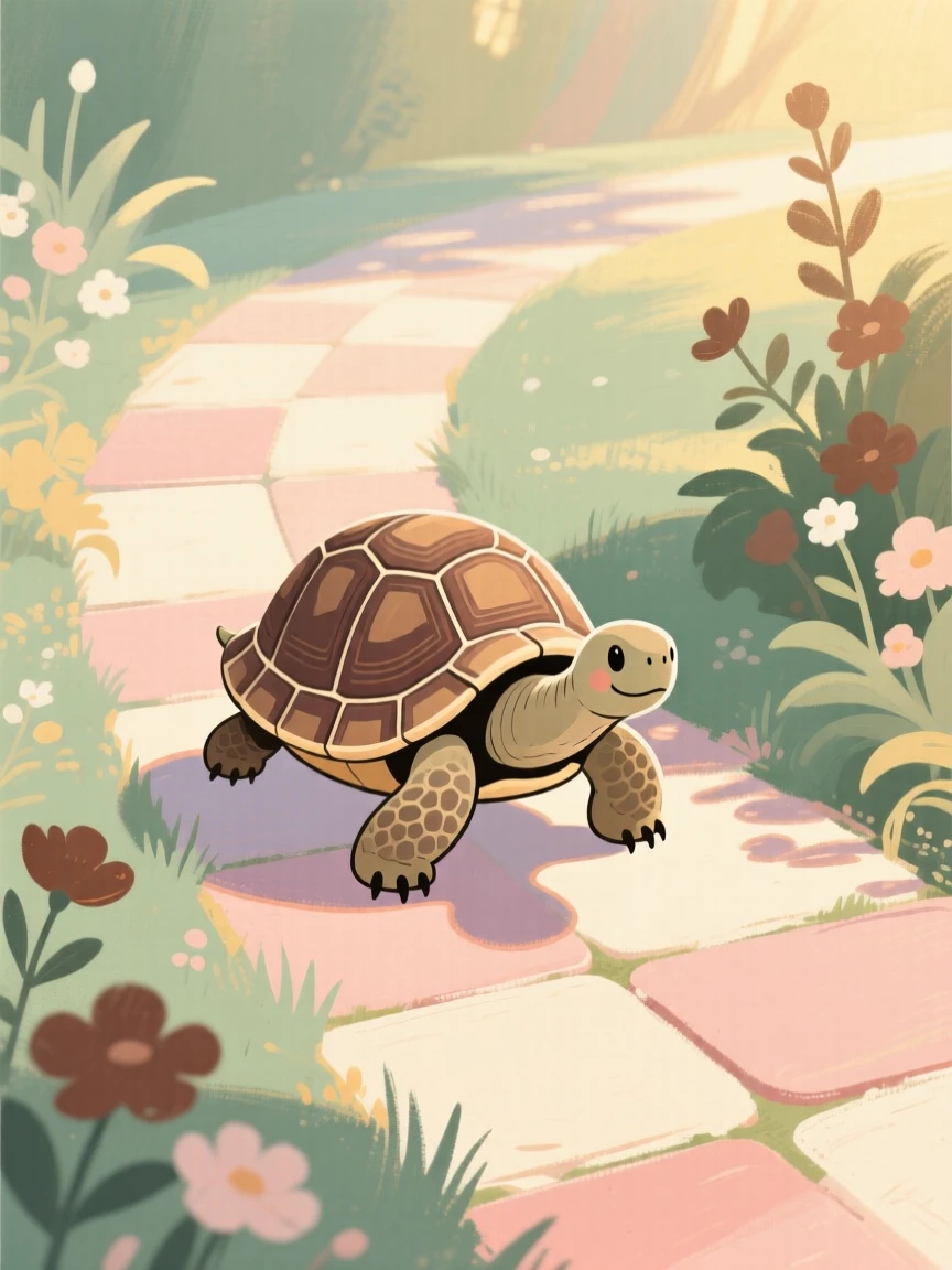 A tortoise slowly crossing a sunlit garden path