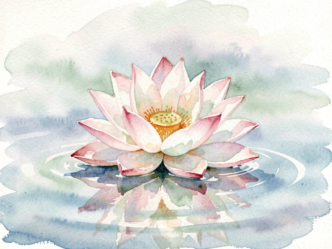 A single lotus flower floating on a still pond.