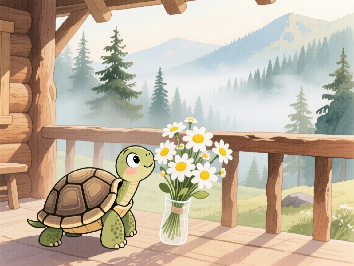 A tiny turtle sniffing a bouquet of daisies, set in a mountain cabin porch overlooking misty pines, filled with wide-eyed wonder.