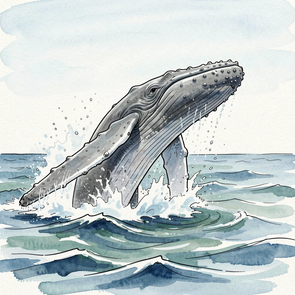 A humpback whale breaching dramatically out of the ocean, water cascading off its massive body