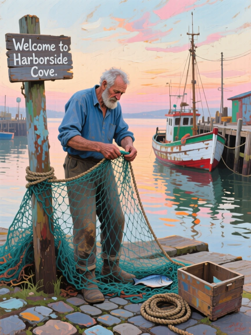 a fisherman mending nets beside a weathered harbor, at dawn, from an inviting eye-level viewpoint.