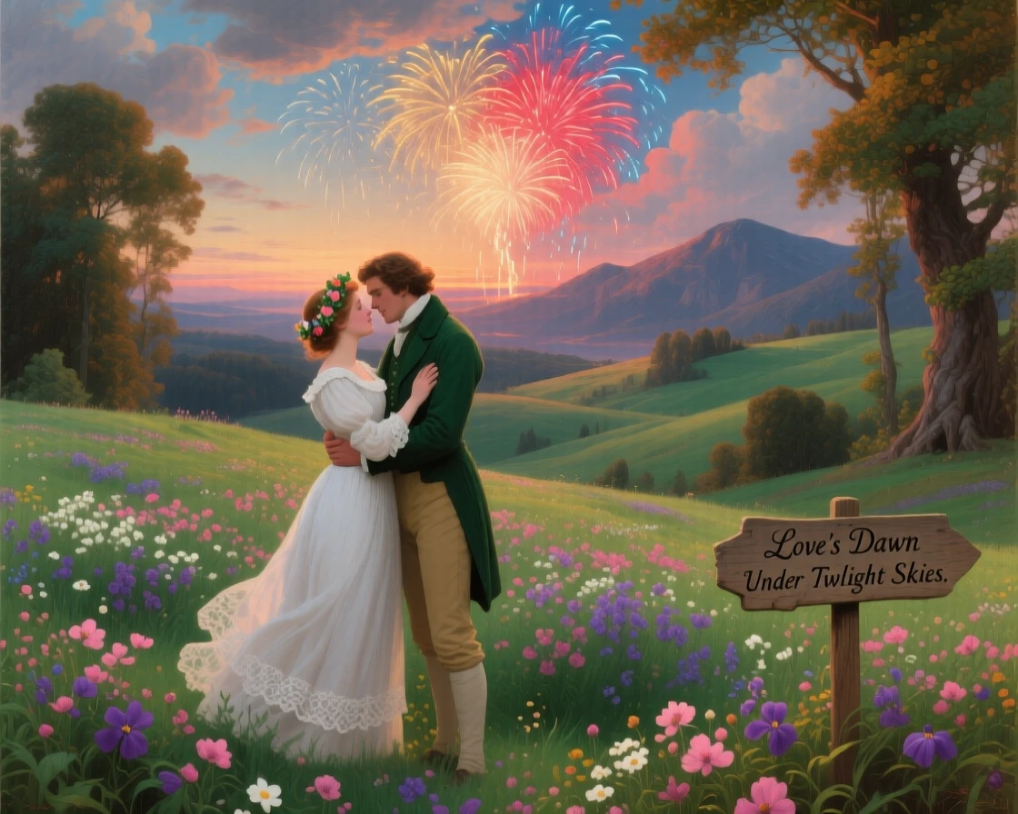A young woman and her suitor embrace beneath a flower-filled meadow as fireworks light up the horizon.