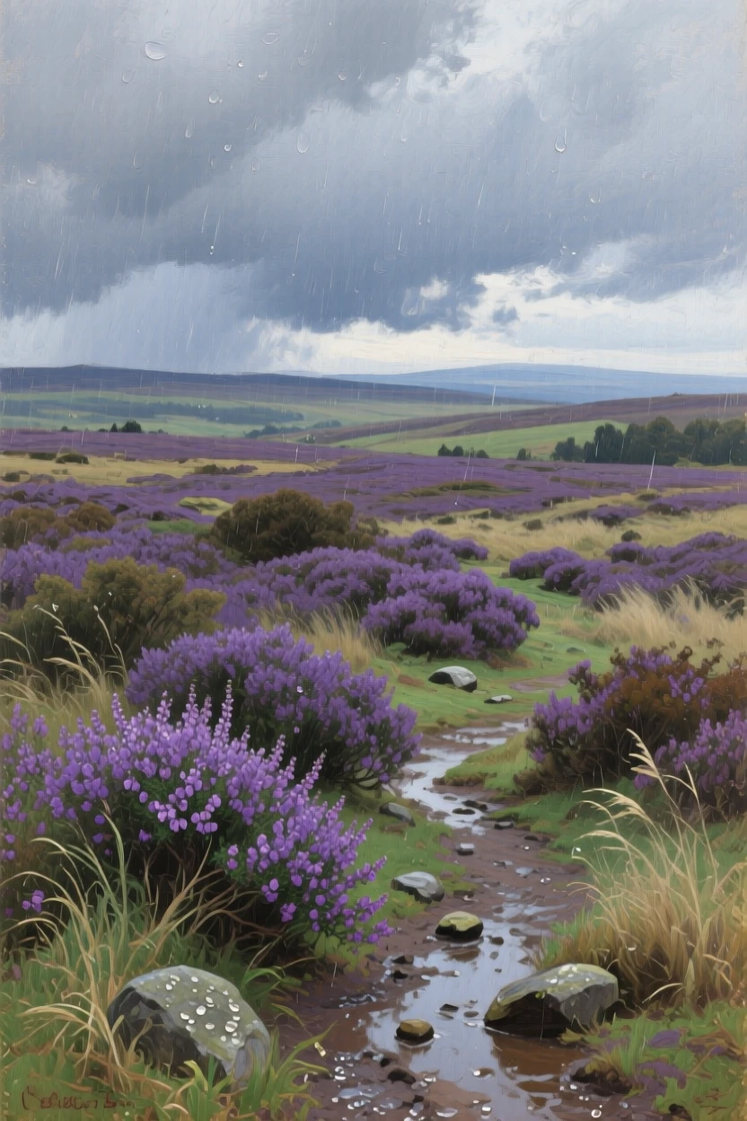 A windswept moor covered in blooming purple heather, with rich, saturated colors deepened by recent rainfall, evoking a profound sense of scale, silence, and wonder