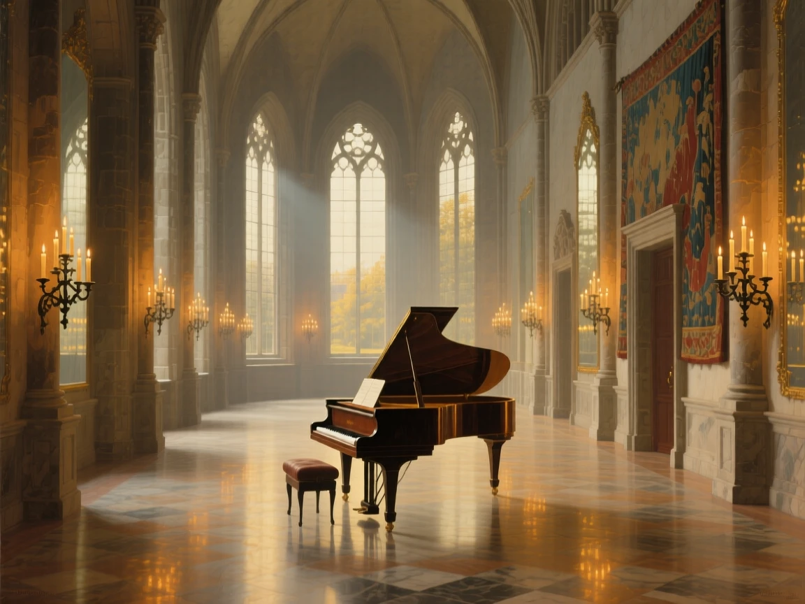 A grand ballroom with mirrored walls multiplying candlelight endlessly standing empty in the golden hush of late afternoon, set inside a centuries-old cathedral of quiet reverence, with a single grand piano standing beneath a shaft of window light; warm interior light contrasts with cool light spilling in from outside, radiating history, refinement, and permanence.
