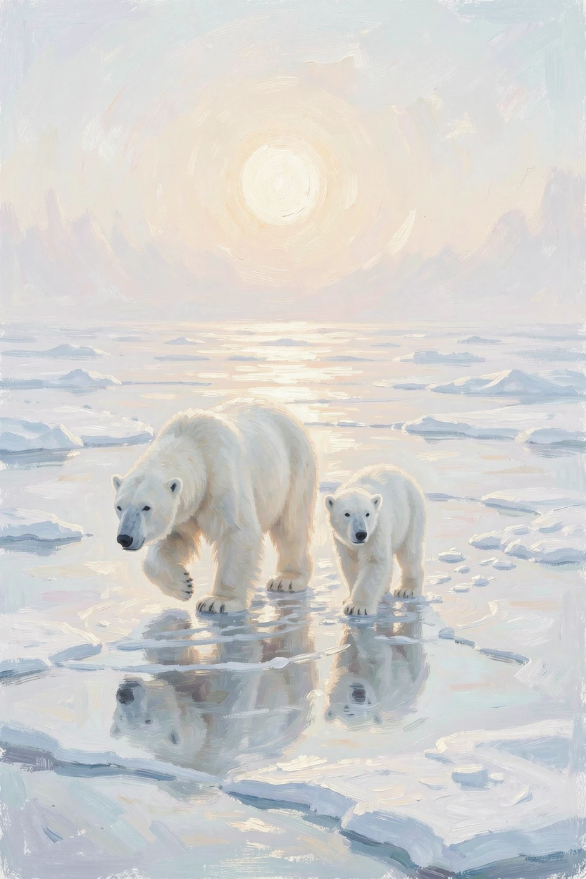 A polar bear and her cub walking across a vast expanse of Arctic ice under a pale winter sun.