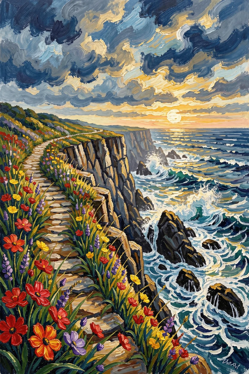A coastal cliff path overlooking crashing waves, wildflowers clinging to the rocky edge.