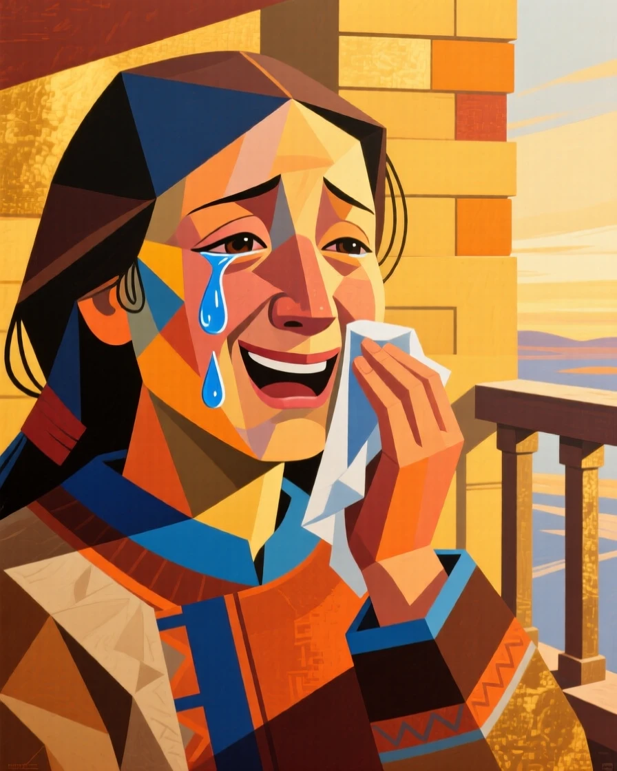 A medium shot of a young woman of Inuit heritage wiping away tears of happiness, at golden hour on a quiet balcony.