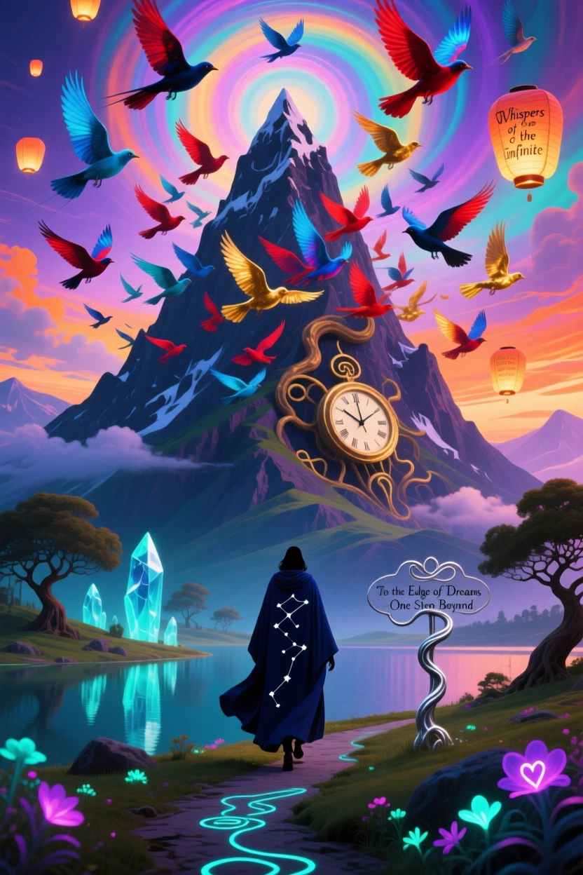 A mountain whose peak dissolves slowly into a flock of birds stretches endlessly beneath a sky of shifting colors, while a lone figure walks quietly through its heart.