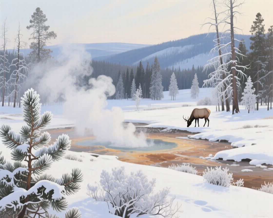 A quiet winter forest in Yellowstone shows steam rising from a nearby hot spring, frost coating every branch, a lone elk grazing near the edge of the snow-covered treeline, the composition balancing a wide sweeping view with intimate, carefully observed foreground detail.