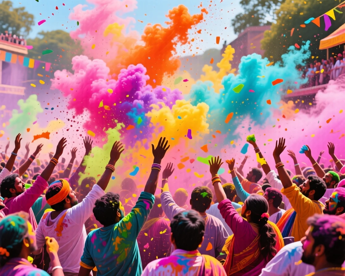 A vibrant Holi festival celebration in India, crowds throwing clouds of colored powder into the air