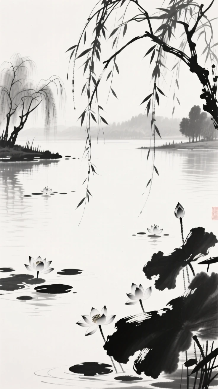 a calm lagoon surrounded by weeping willows, with lotus blossoms scattered across the water.