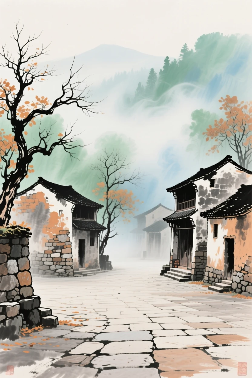 A quiet village square lined with old stone houses, through swirling morning fog, in late autumn.