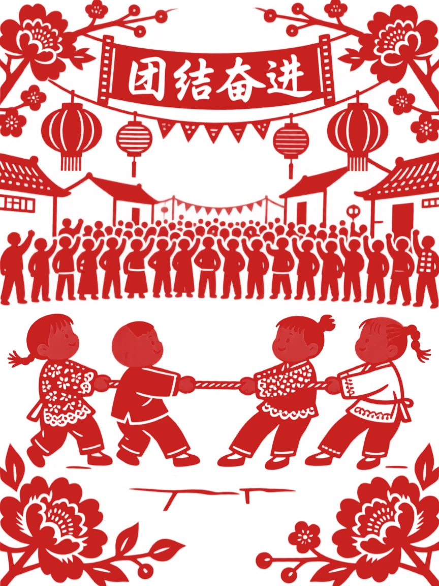 A group of children playing tug of war in a village square during a festival, cheering crowd behind them