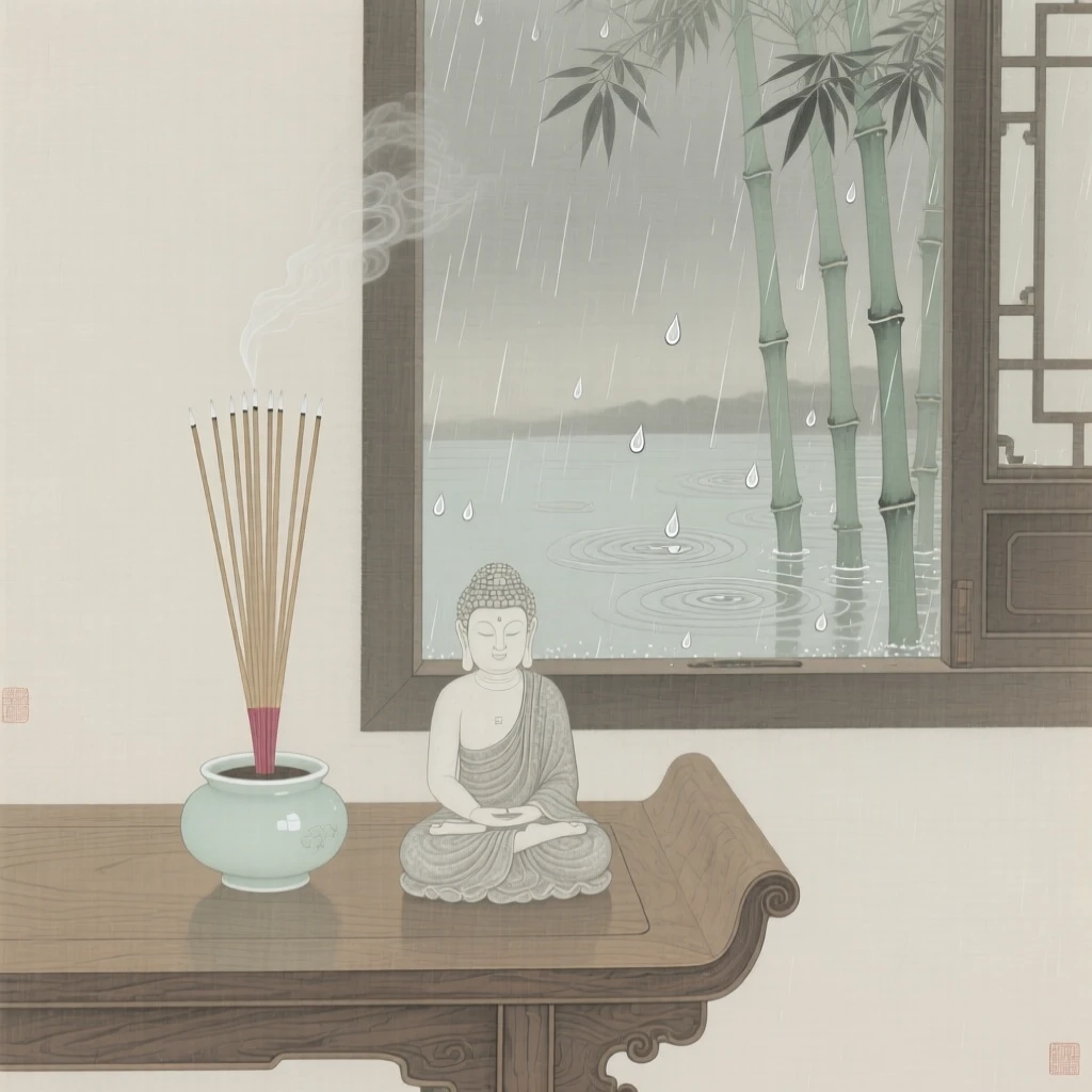 A bundle of incense sticks beside a small stone buddha beside an open window with rain falling outside