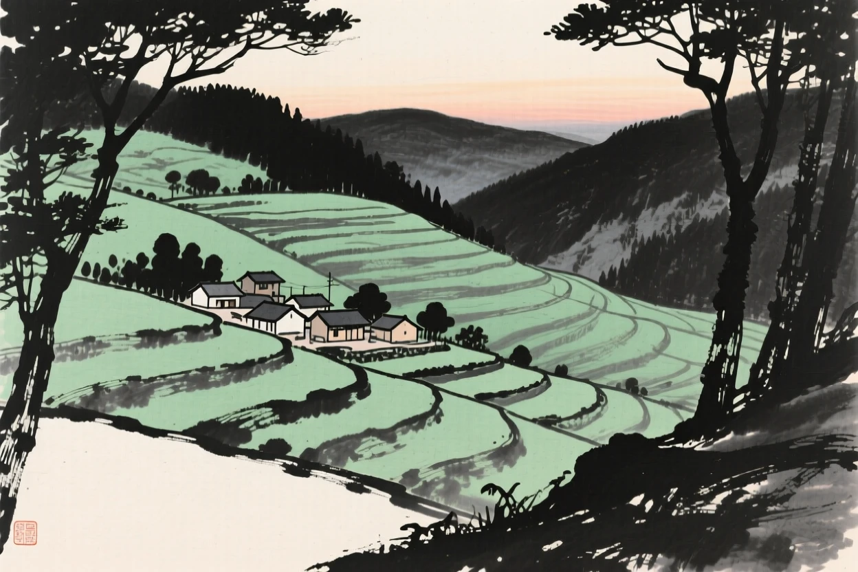 A terraced hillside village nestled among green slopes as evening shadows stretch long across the land, framed through a gap in the trees, revealing the valley beyond, conveying calm reflection and gentle isolation.