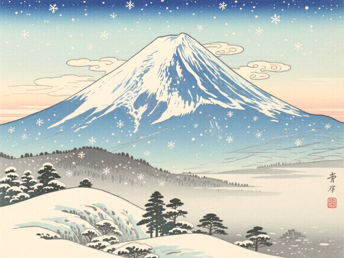 A snow-capped peak, dusted with the season's first snow, in the soft glow of early morning.