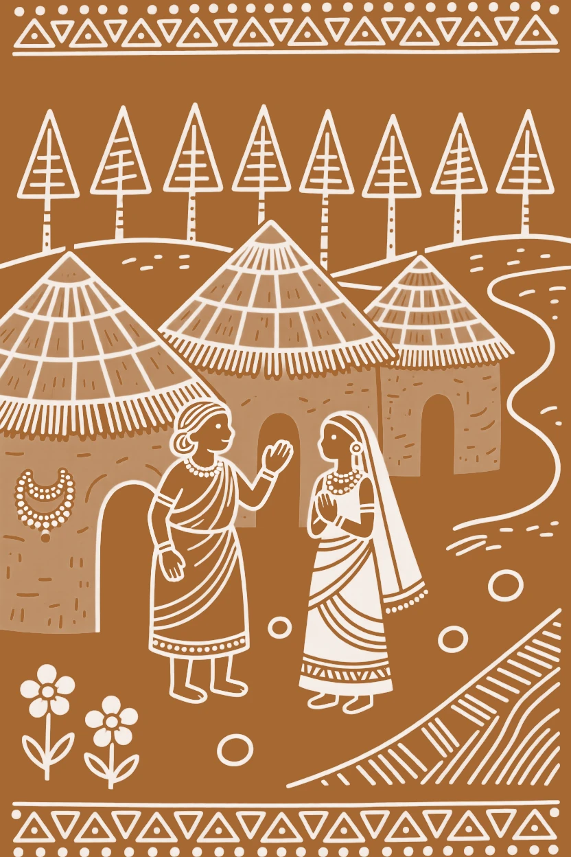 A village matriarch welcoming a new bride into the family outside a cluster of mud huts.
