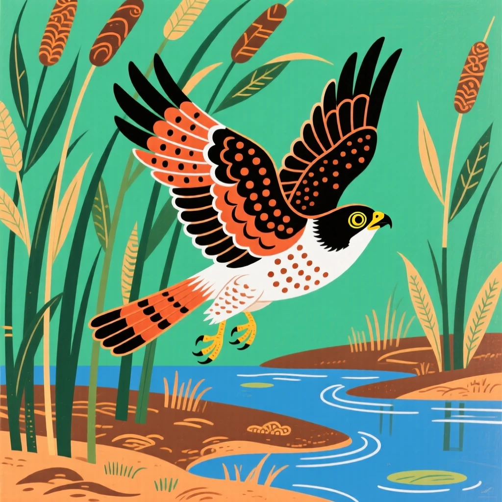 A sparrowhawk taking flight alone among reeds at a marsh.