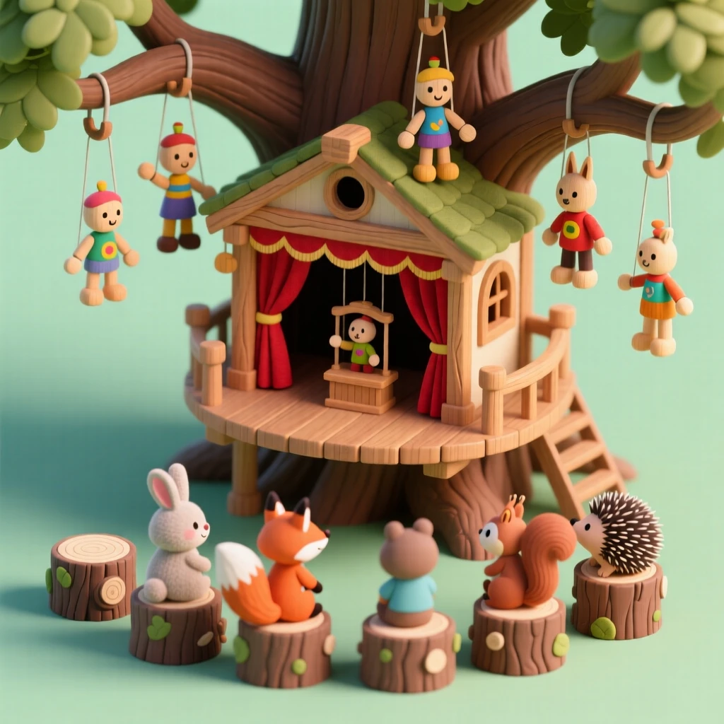 A treehouse puppet theater with a small curtain stage built between branches, marionettes hanging from hooks, an audience of woodland creatures seated on logs below.