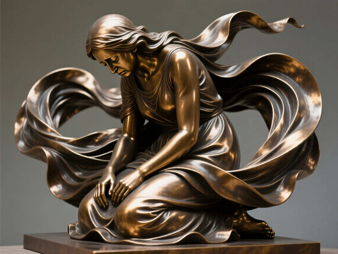 A grieving mother, surrounded by swirling fabric and motion, forming a strong central focal point