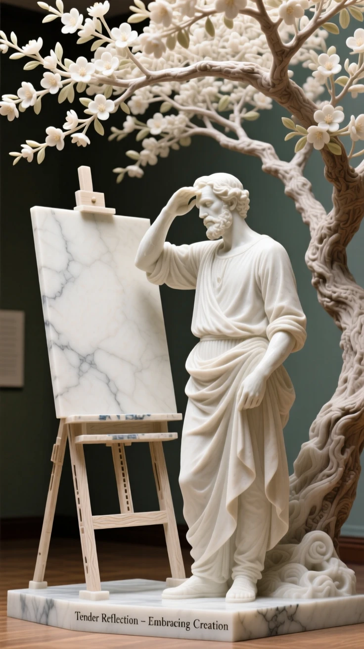 A tender portrait of a painter before a blank canvas, shielding their eyes from the sun, under a canopy of blossoming trees, evoking warmth and humanity