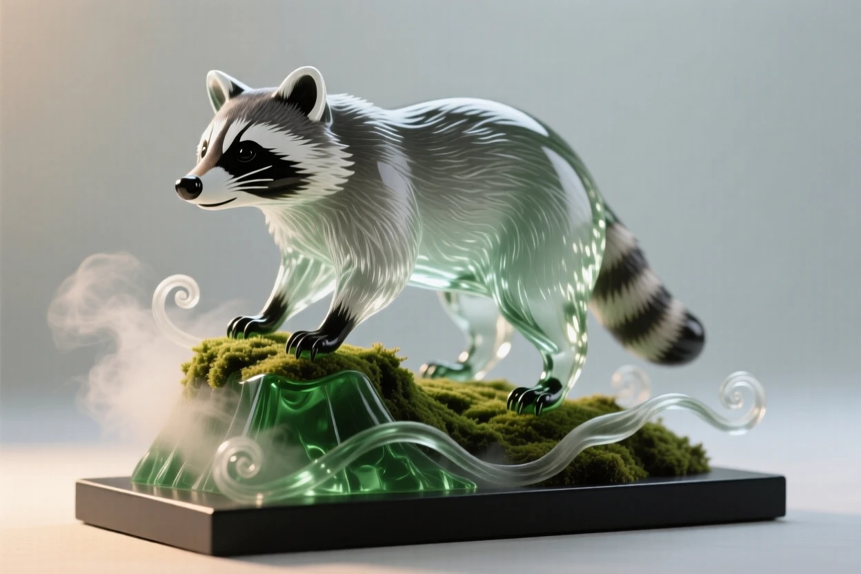 A raccoon standing alert on a moss-covered ridge at first light, mist curling around its paws, the scene calm and quietly majestic.