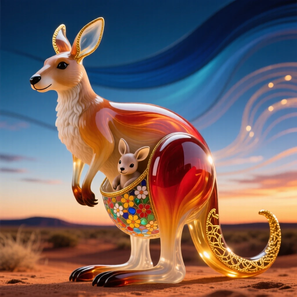 A mother kangaroo with a joey peeking from her pouch under a wide Outback sky, tender and iconic.