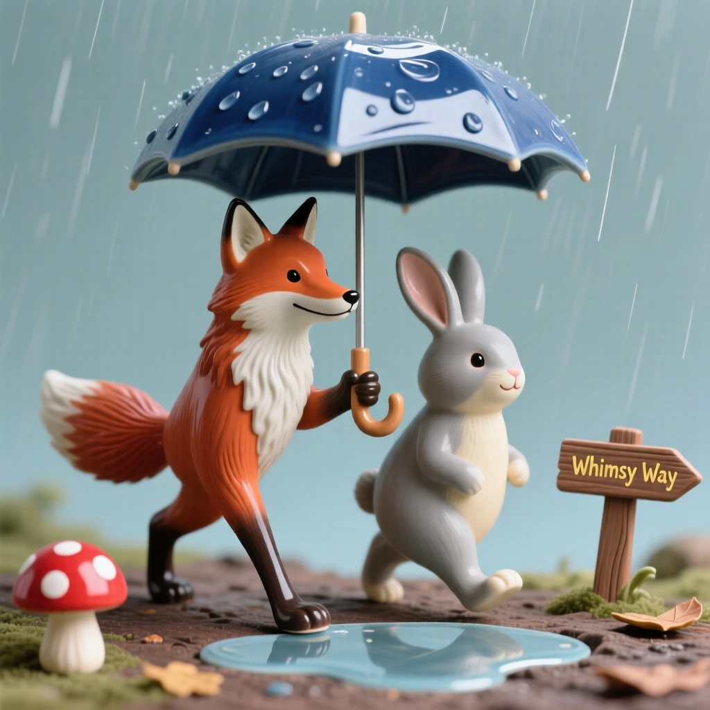A fox and rabbit sharing an umbrella in the rain caught mid-step on a whimsical journey, surrounded by tiny, carefully placed props, evoking childlike wonder and gentle humor.