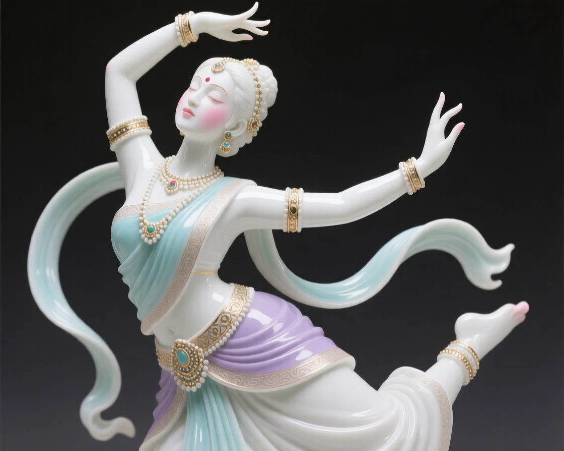 A graceful classical Indian dancer caught in the middle of a graceful arabesque, the pose radiating passion and precision.