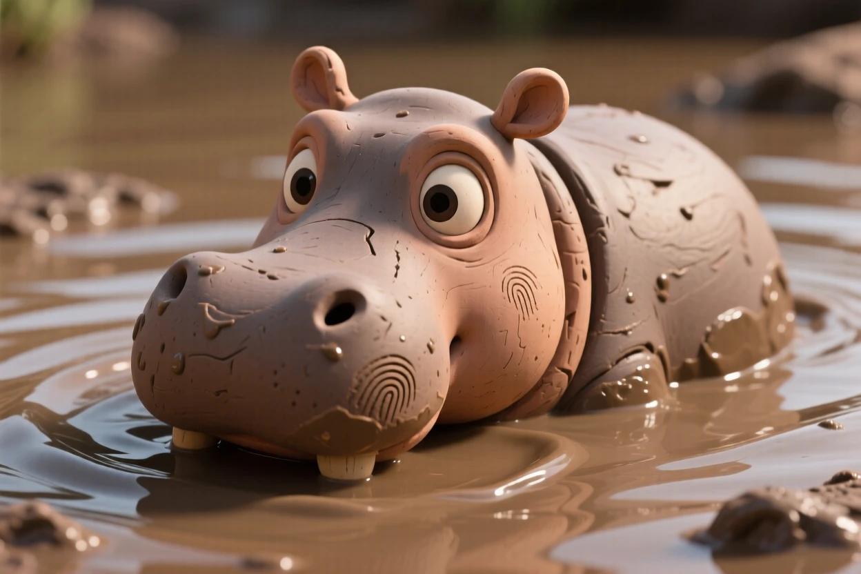 A hippopotamus submerged with only eyes and ears above muddy river water