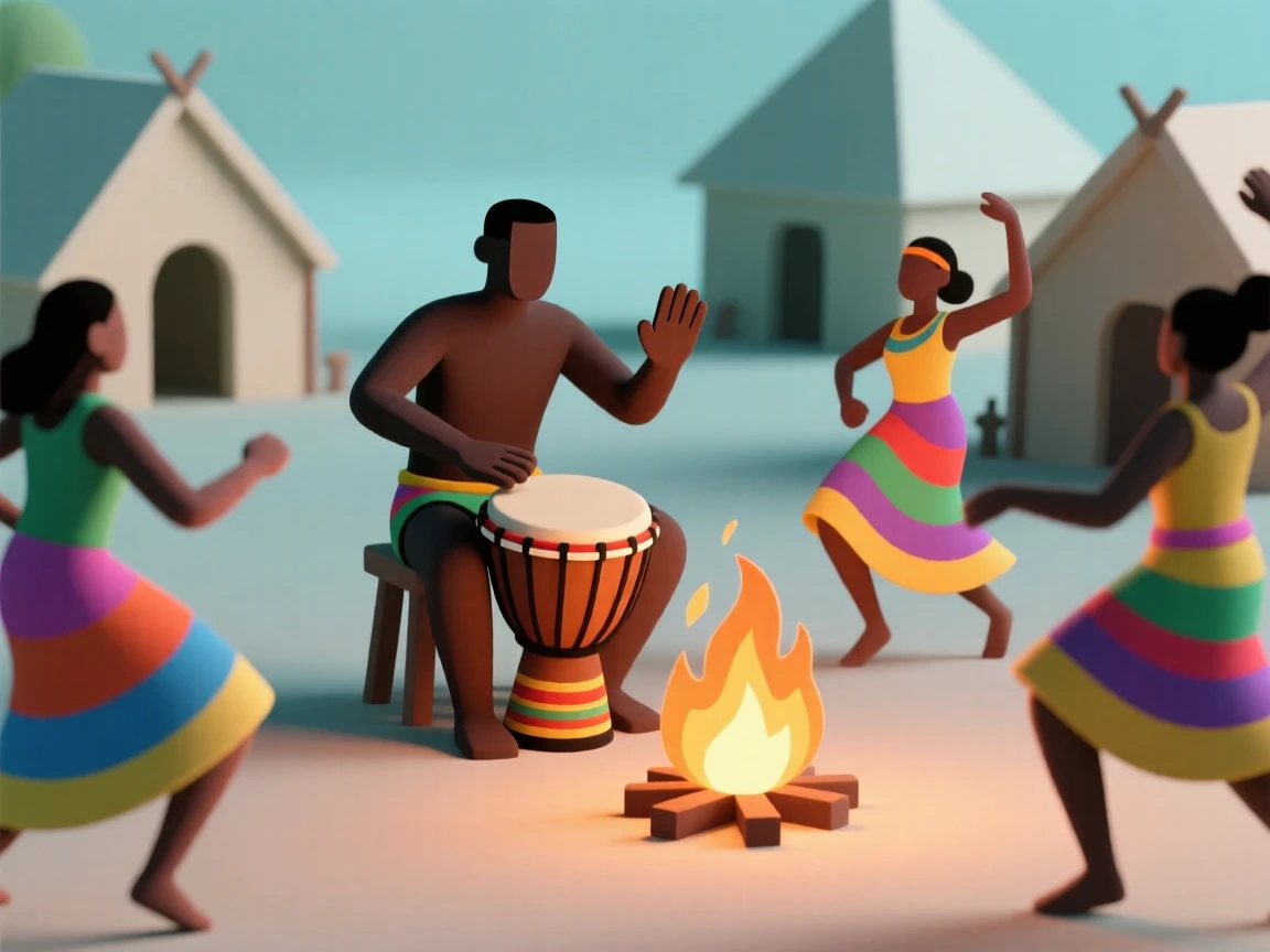 A traditional African drummer pounds a djembe with bare hands, colorful fabric swirling as dancers move around a village bonfire.