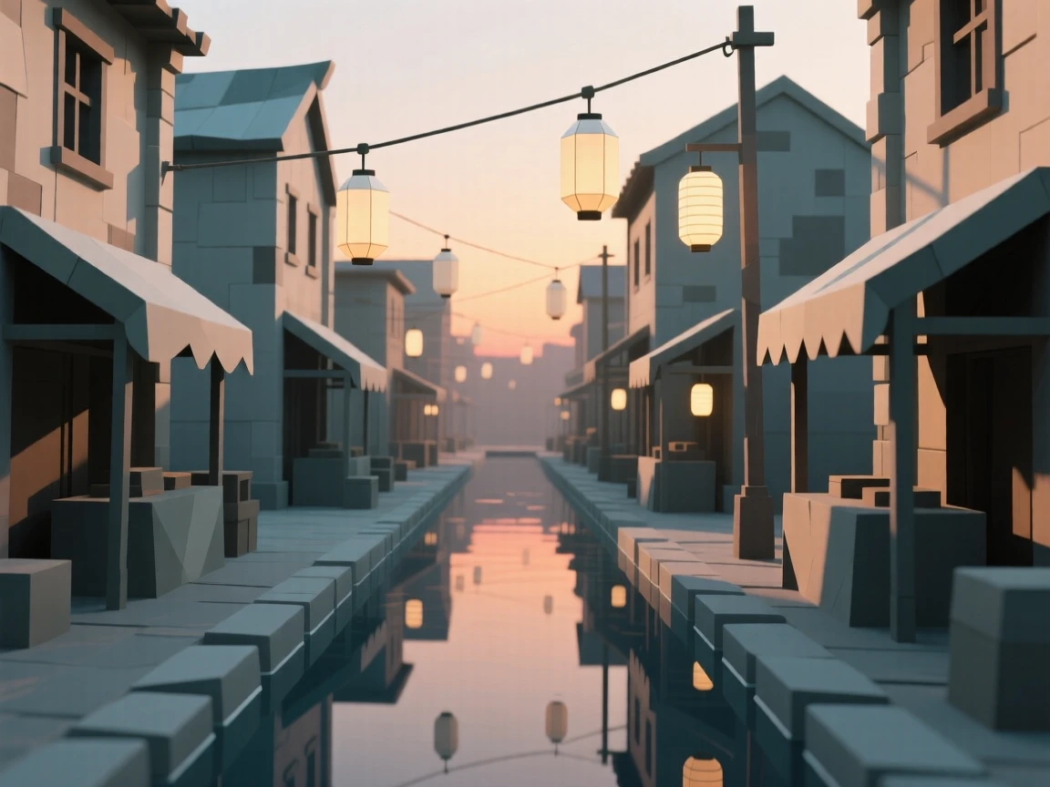 A bustling street market strung with colorful lanterns, glowing warmly at sunset. soft reflections in water double the architectural detail. The place feels steeped in history.