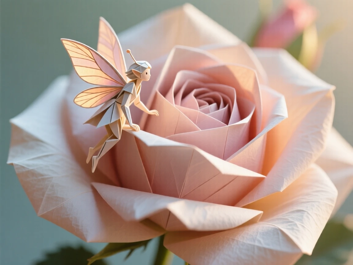 A tiny fairy perched on the edge of a blooming rose petal, wings catching the morning light.