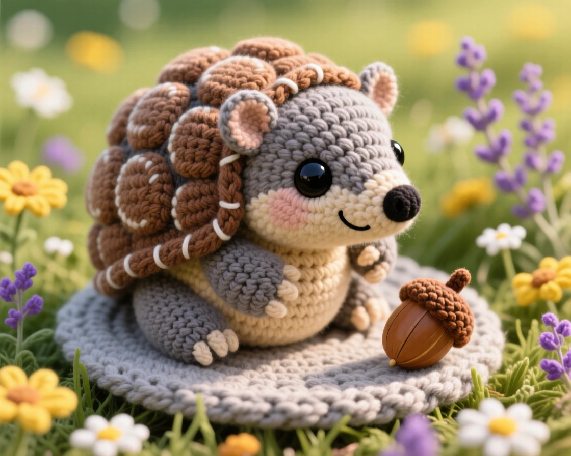 a small baby armadillo, with a segmented shell and short legs, curling into a tight protective ball, set in a sunlit meadow scattered with wildflowers, with a fallen acorn resting beside its paw, evoking playful mischief bubbling just beneath the surface.