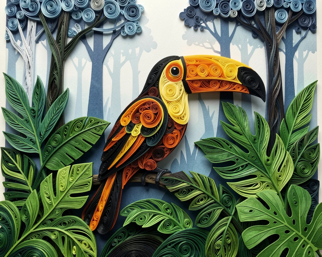 a toucan perched among vibrant rainforest leaves, beneath tall shadowy silhouettes in the distance, shot from a low, powerful ground-level angle, in cool blues and silvers of early dawn.