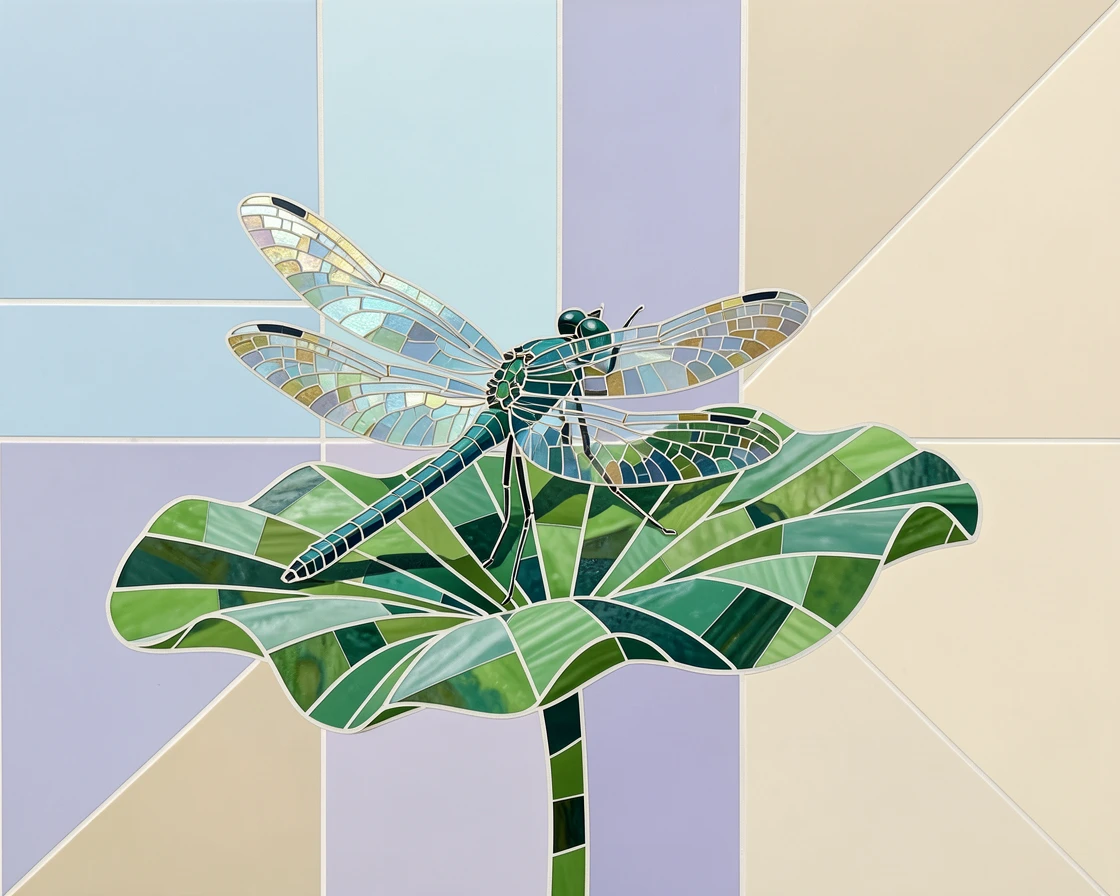 A delicate dragonfly resting on a lotus leaf.
