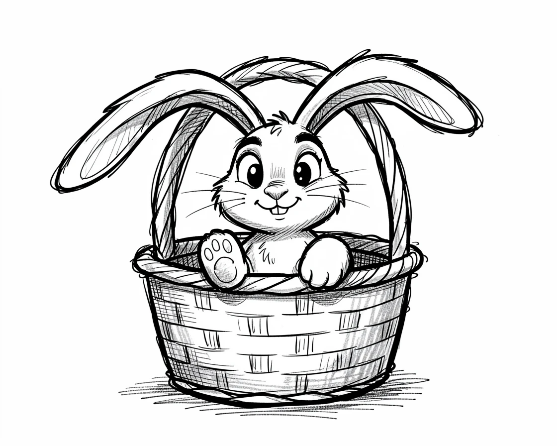 A rabbit with long ears sitting inside a picnic basket.
