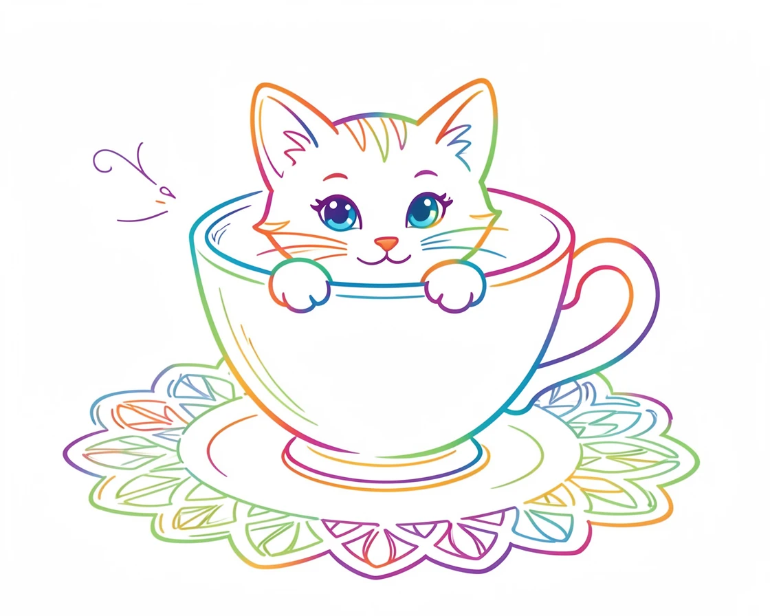 A kitten peeking out from inside a teacup on a lace tablecloth.