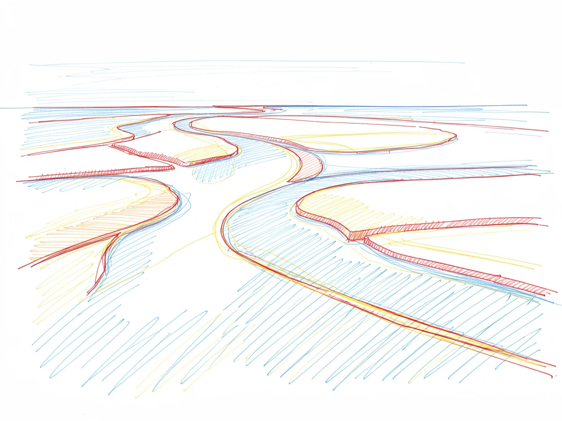 A wide river delta meeting the ocean, sandbars glowing at low tide