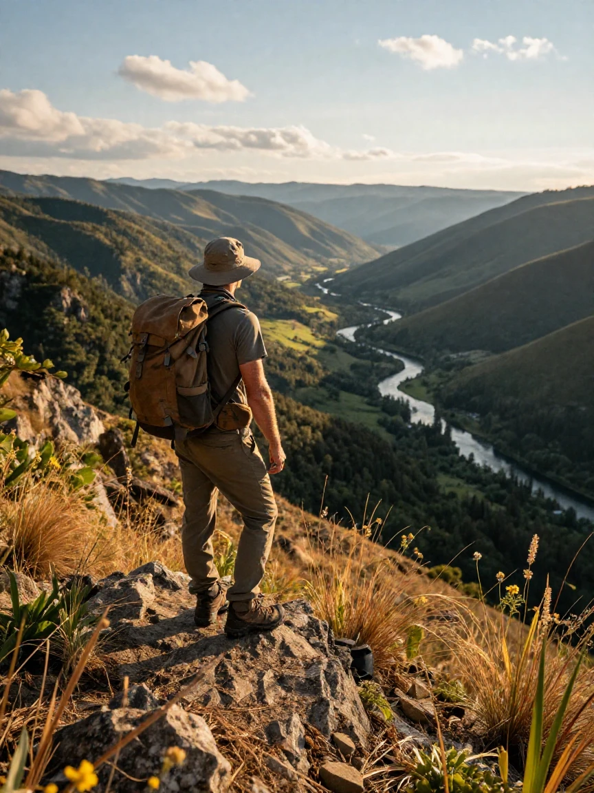 A hiker pausing to admire a valley view from a ridge