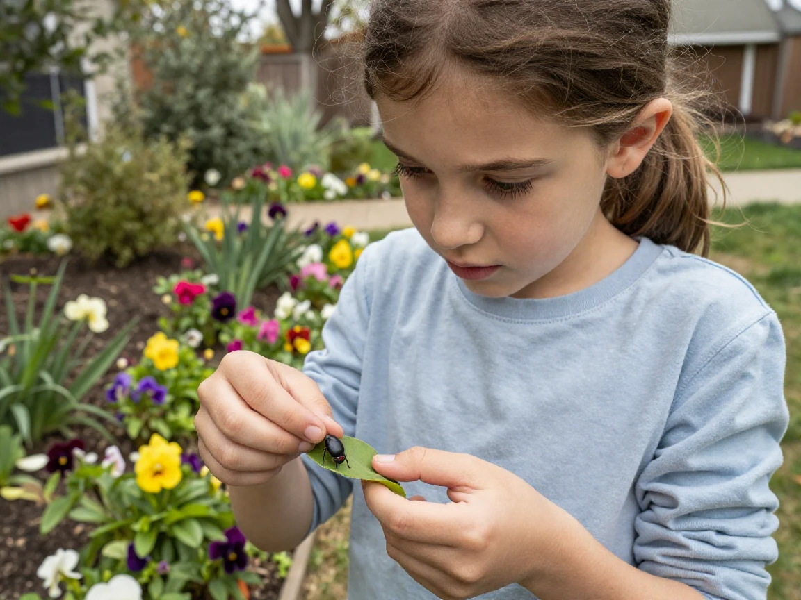 A girl carefully carries a bug she found on a leaf to release it in the garden.