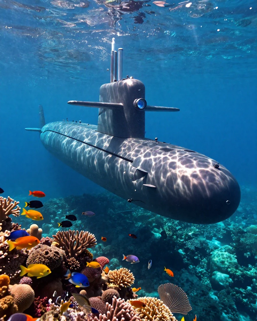 A submarine gliding silently past a coral reef teeming with fish