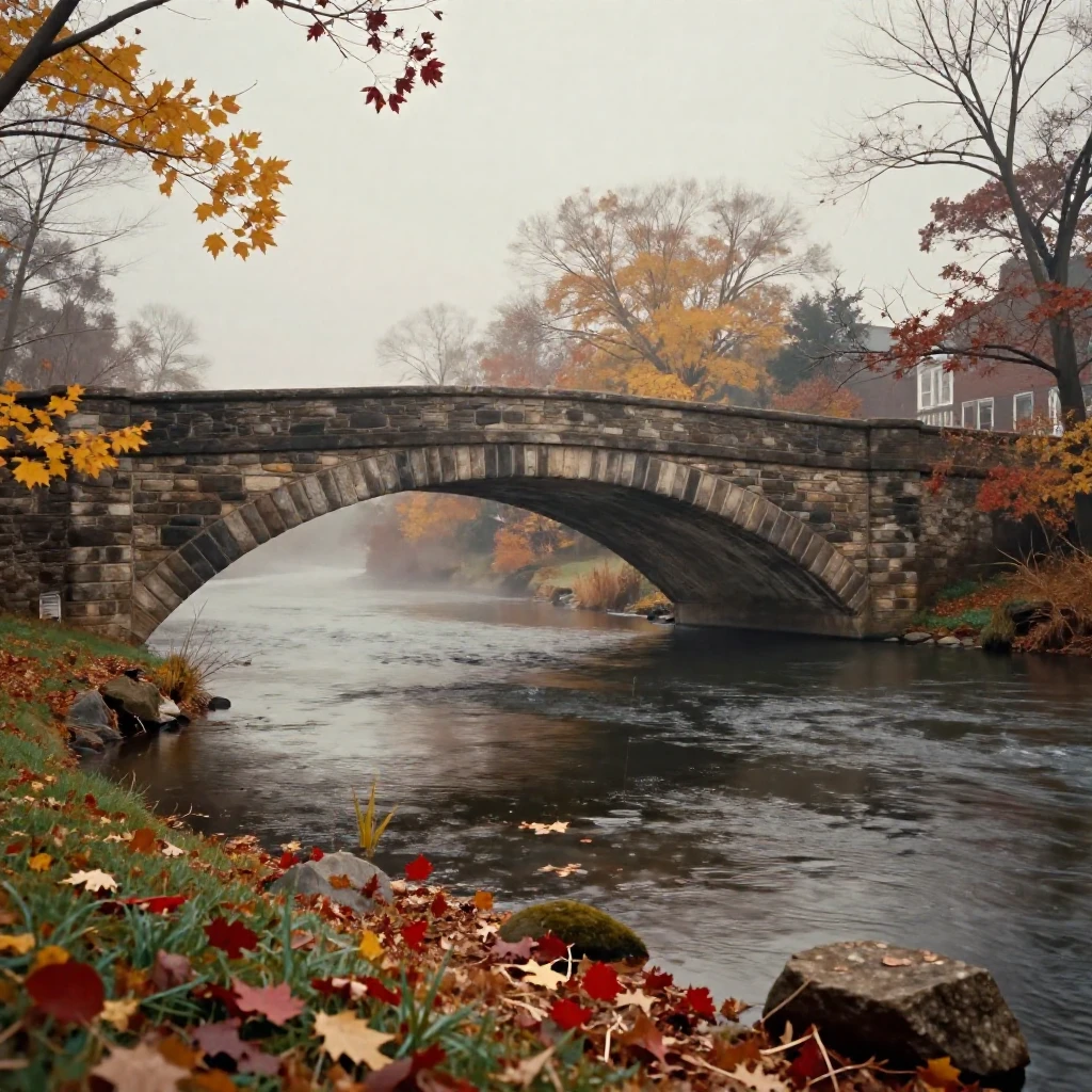A stone bridge arching over a slow-moving river, under a pale winter sky, as mist rises off the ground, as autumn leaves turn gold and red, with muted olive and rust colors, from a three-quarter angle.