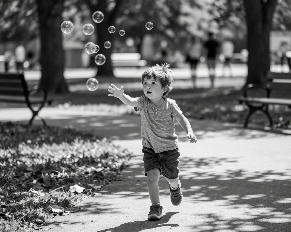 A curious child chases soap bubbles across the yard in a sunny public park.