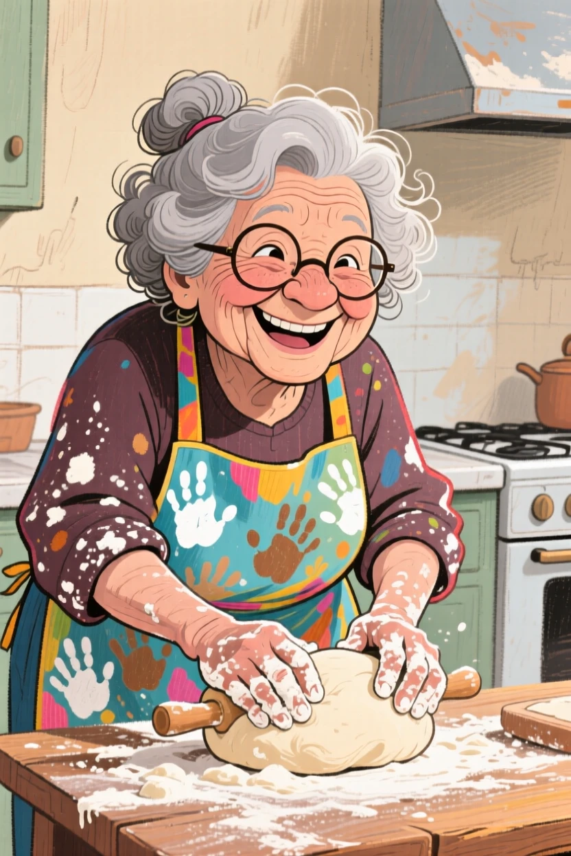 A doting grandmother kneading dough in a flour-dusted kitchen, apron covered in handprints.