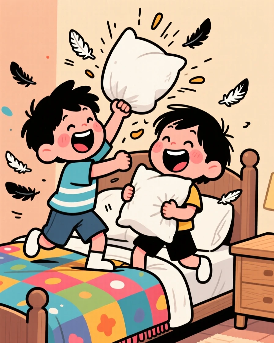 A heartwarming scene of siblings having a good-natured pillow fight, feathers floating everywhere, both mid-laugh.