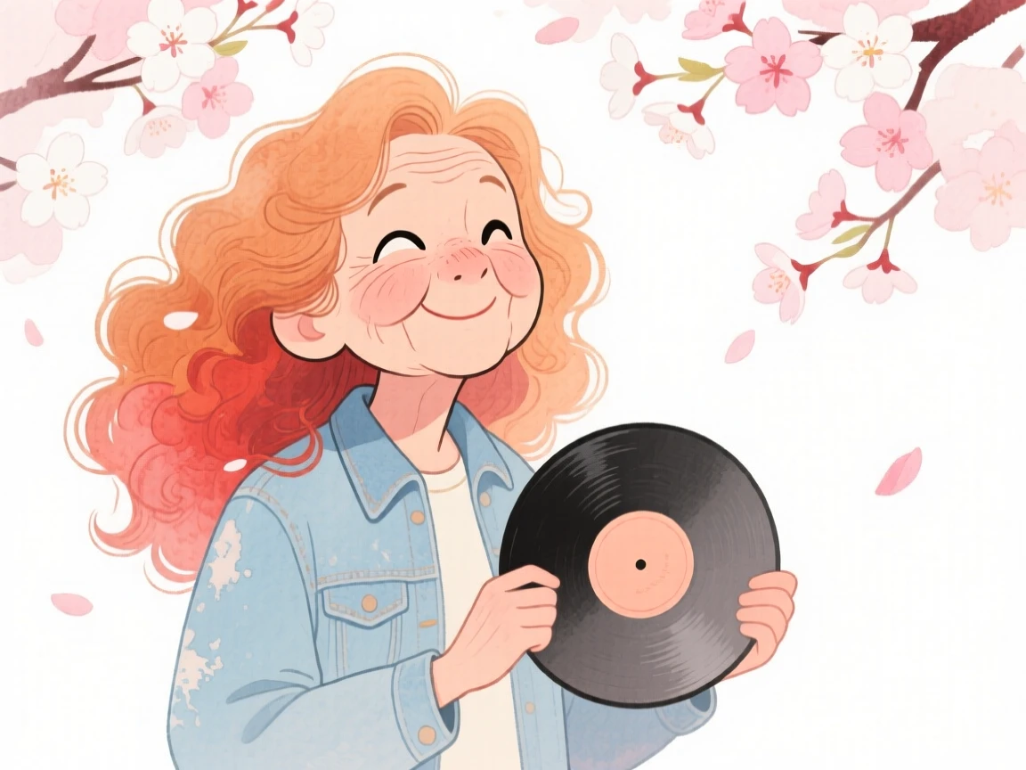 An elderly woman with long curly auburn hair, raising an eyebrow playfully, wearing a vintage denim jacket and holding a vinyl record, beneath a canopy of cherry blossoms