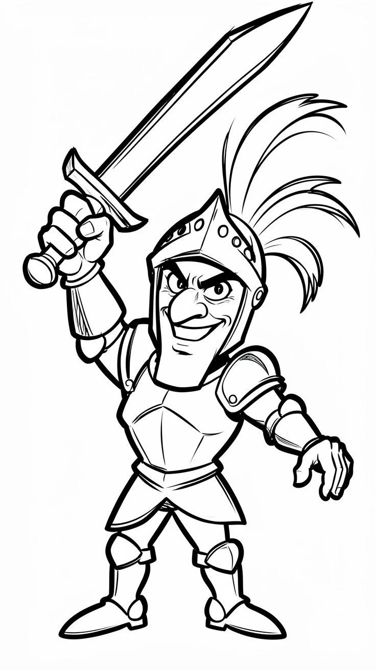 [People Portraits & Characters] Portrait of a proud knight in shining armor raising a sword triumphantly, full of personality and charm